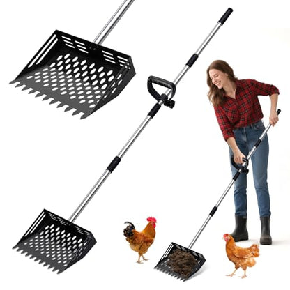 Chicken Poop Scooper and Rake, 2-in-1 Metal Sand Sifting Shovel with 24-68 Inch Adjustable Stainless Steel Handle, Cleaning Tools for Outdoor Chicken Coops, Farm Animals House