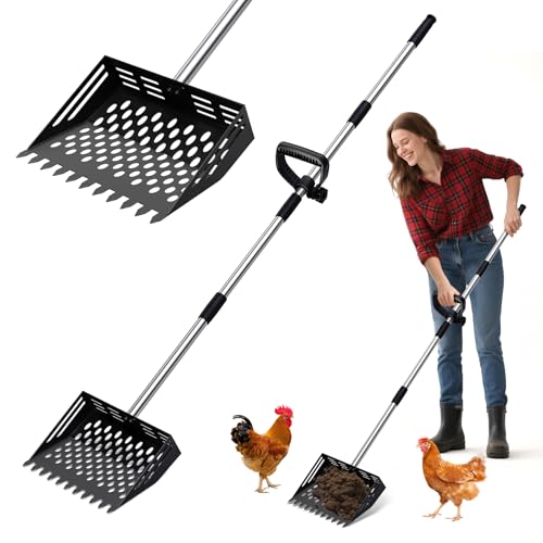 Chicken Poop Scooper and Rake, 2-in-1 Metal Sand Sifting Shovel with 24-68 Inch Adjustable Stainless Steel Handle, Cleaning Tools for Outdoor Chicken Coops, Farm Animals House