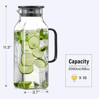 2 Pack 2 Liters/68 oz Square Glass Pitcher with Lid and Handle for Fridge, Iced Tea and Coffee Carafe Beverage Serveware, Heat Resistant Borosilicate Water Black Jug for Hot/Cold Drinks and Milk - size: 68 oz Black