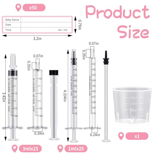 Trelaco Colostrum Collector Kit Include Sterile Sealed Breast Milk Syringes with Caps No Needle Colostrum Syringes Stickers 1 Measuring Cup Harvesting Collection for Breastmilk(50 Sets,3 Ml,1 ml) | Sterile Sealed with Caps and Cup, Baby Name Labels, Needl