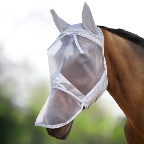 Harrison Howard CareMaster Horse Fly Mask Large Eye Space Long Nose with Ears Full Face Moonlight Silver XL Extra Full Size - color: Moonlight Silver, size: Extra Full (X-Large)
