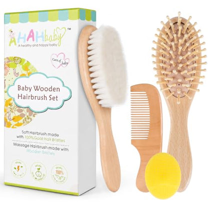 4 Piece Baby Hair Brush and Comb Set for Newborns, Wooden Baby Brush with Soft Natural Goat Bristle, Infant Hair Care Kit Helps Prevent Cradle Cap, Grooming Essentials Gift for Boys and Girls