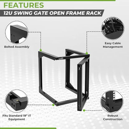 NavePoint 12U Wall Mount Server Rack - Swing Gate Open Frame for 19-Inch IT Equipment - Network Rack for AV & Server Equipment, 24" Deep, Black - size: 12U - 24in Deep
