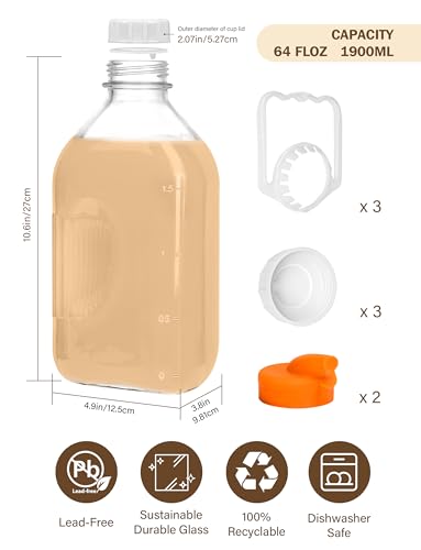KMIGRUAN 64oz Glass Milk Bottle with Lid, 3 Pack 2 Qt Glass Milk Jugs | Heavy Duty Glass Milk Pitchers With Silicone Spout, Handles, Airtight Lids and Dual Scale Lines, Milk Container for Fridge - style: 3Pack