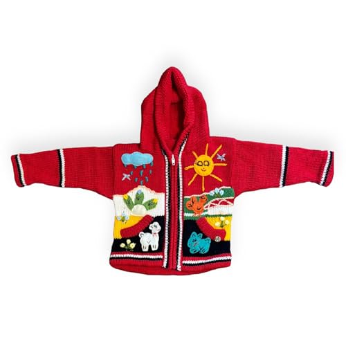 Peruvian Wool Knitted Sweater with hoodie for babies & toddlers, Unisex, Chompas Peruanas, fall winter sweater - color: Red, size: 6