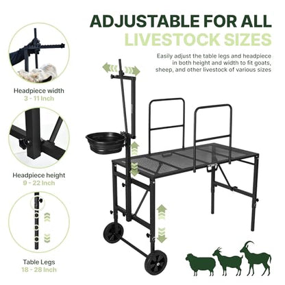 Goat Stand with Adjustable Headpiece & Legs, Goat Milking Stand with Feeder, Rails & Wheels, Stanchion for Grooming & Hoof Trimming, Sheep Stand for Shearing Heavy-Duty Steel Platform, Black - color: BLACK