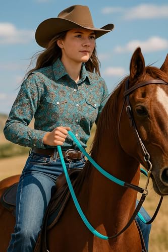 CHALLENGER Horse Western 8' Tan Leather Rubber Grip Contest Barrel Reins Black 805LR11BK - color: Brown/Teal