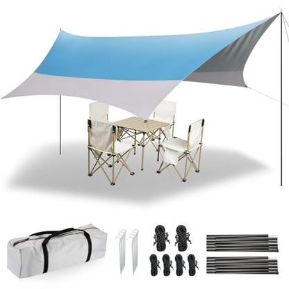 12X14FT Camping Tarp with 2 Poles, UV UPF50+ Lightweight Car Awning Sun Shelter, PU3000 Waterproof Tarp for Camping, Hiking and Backpacking Trips - color: Blue