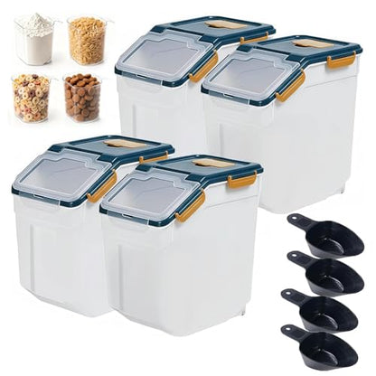 RUIAN Large Airtight Storage Container,25lb Flour Rice Storage Containers Bin with Wheels Seal Locking Lid, with Measuring Cup&Scoop for Flour, Rice, Grain (25lbt Blue,4PCS) - color: Blue 4Pack 25Lb