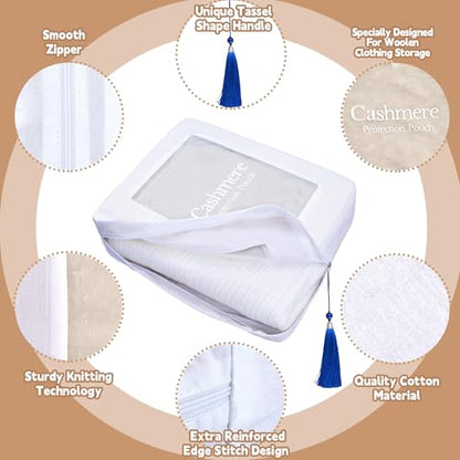 4 Pack Cashmere Protection Pouch, Cotton Sweater Storage Bags with Zippers Tassel and Organza Panel, Moth Proof Breathable Dustproof Clothing Organizer for Wool, Cashmere Lovers Gift（Large） - size: Large