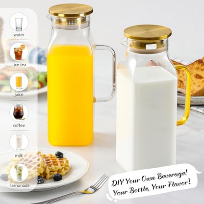 2 Pack 2 Liters/68 oz Square Glass Pitcher with Lid and Handle for Fridge, Iced Tea and Coffee Carafe Beverage Serveware, Heat Resistant Borosilicate Water Gold Jug for Hot/Cold Drinks and Milk - size: 68 oz Gold