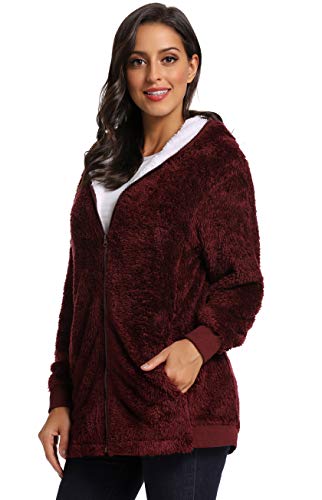 Fleece Coat for Women,Women's Oversized Zip Up Hooded Jacket Winter Plus Size Sherpa Coat - color: Awinered, size: X-Large