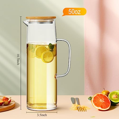 Hsei 2 Sets Glass Pitcher with Lid, 50 oz / 1500 ml Water Carafe with Handles Hot Cold Beverage Water Jar Glass Jug for Tea Juice Milk Coffee Iced Beverage - color: Bamboo Lid, size: 1.5l