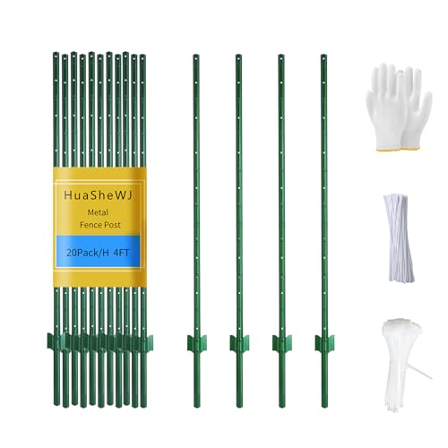 Metal Fence Post 4 Feet Green, Pack of 20, T Post for Wire Fence - color: Green 20pcs, size: 4 ft.
