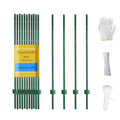 Metal Fence Post 4 Feet Green, Pack of 20, T Post for Wire Fence - color: Green 20pcs, size: 4 ft.