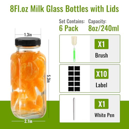 Glass Juice Bottles with Lids 8 oz - 6 Pack Reusable Drink Jars Containers with Labels and Brush for Juicing, Water, Milk, Kombucha, Smoothies - size: 8 oz