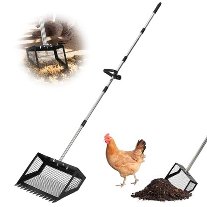 Heavy Duty Chicken Coop Poop Scooper and Rake 2-in-1 – 15'' Wide Metal Sifting Shovel, Adjustable 24''-68.8'' Ergonomic Handle – Farm and Garden Manure Cleaning Tool, Black-Sprayed, 38x26x175cm