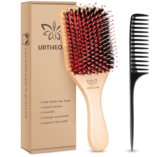 URTHEONE Hair Brush,Boar Bristle Hair Brushes and Hair Comb Set for Women Men Kids, Best Natural Wooden Paddle Hairbrush for Wet or Dry Hair - color: Red