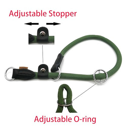 Braided Round Martingale Dog Collar, Training Collar with Slidable Stop Ring and Adjustable Stopper - Ideal for Large Dogs (L(1/2") - 20" Long, Dark Green) - color: Dark Green, size: L(1/2") - 20" Long with stopper