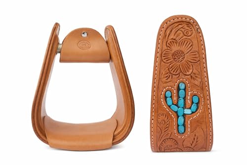 Horse Western Turquoise Cactus Tooled Leather Covered Saddle Stirrups 51238 - color: Tan Cactus