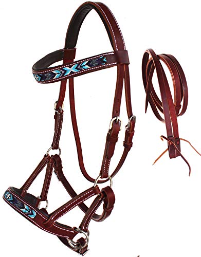 Horse Western Leather Beaded Bitless Sidepull Bridle Reins 77RS18MG-F