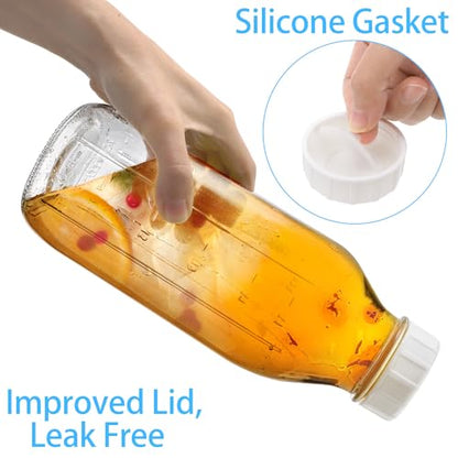 Bekith 6 Pack Liter Glass Milk Bottles with Airtight Screw Lid, 32 Oz Reusable Glass Bottles with Dispenser Cap for Milk, Honey, Jam, Syrup (2 Pour Spout Lids, 2 Lables and 2 Bottle Brushes Included)