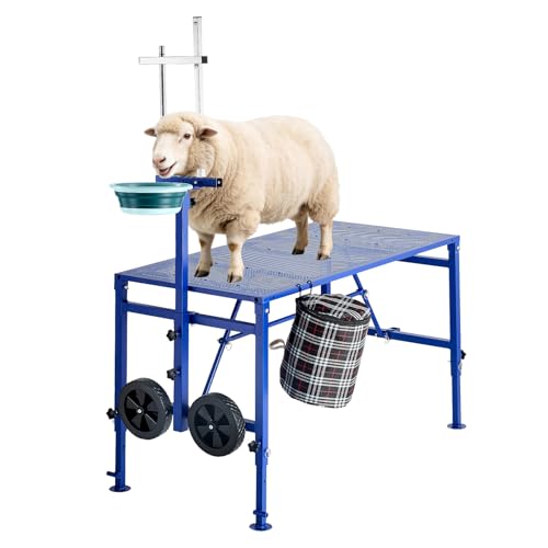VEVOR Goat Milking Stand, 600 lbs Heavy Duty Foldable Goat Stand with Feed Bin & Wheels, Adjustable Headpiece & Tool Basket, Stanchion for Grooming & Hoof Trimming, Metal Livestock Platform for Sheep - color: Blue, size: 47"x23"x33"(with Feed Bin & Wheels