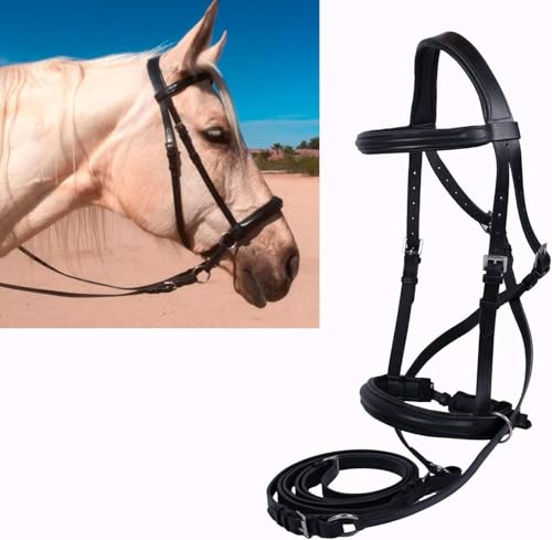 Hulara Genuine English Leather Crossover | Crossunder Bitless Horse Bridle Headstall with Reins - color: Black, size: Cob