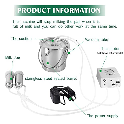 3L Cow Electric Milking Machine, Automatic Rechargeable Battery Powered Pulsation Vacuum Pump with 2 Teat Cups Stainless Steel Bucket for Goat(Battery Model) - color: Cow, size: 3LBattery