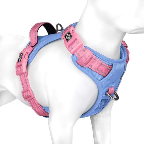 PHOEPET No Pull Dog Harness, Unique Colors Reflective Adjustable Dog Vest - color: Baby Blue Base & Pink Straps, size: Large