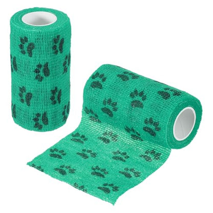 Pet Wrap Bandages, 4 Inch 5 Yard Self Adhesive Bandage Wrap, Pet Non-Woven Tape First Aid Cohesive Gauze, (Green/Paw, 2 Pcs), Intended for Dog/Cat/Bird/Legs/Paws/Wound - color: Green, size: 4 inch