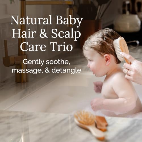 Natemia Wooden Baby Hair Brush & Comb Set - Natural Goat Hair Bristles & Soft Bristle Brush - Gentle Scalp Massage & Cradle Cap Comb - For Newborns & Toddlers, Baby Grooming Kit - size: 3 PC Set, Oval