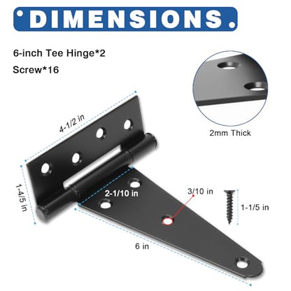 6 Inch T-Strap Gate Hinges, Heavy Duty Black Barn Door Hinges, 2 Pack - size: 6 Inch