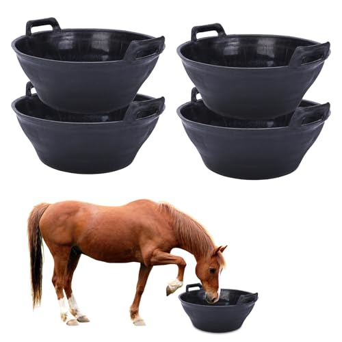 4 Pack 3.1 Gallon Rubber Feed Pan with Handle,Multi-Purpose Flexible Rubber Bucket Pan,Animal Feeding Trough & Dust Bath Container for Horses,Goats,Chickens,Pig,Farm,Garden,DIY