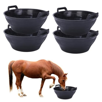 4 Pack 3.1 Gallon Rubber Feed Pan with Handle,Multi-Purpose Flexible Rubber Bucket Pan,Animal Feeding Trough & Dust Bath Container for Horses,Goats,Chickens,Pig,Farm,Garden,DIY