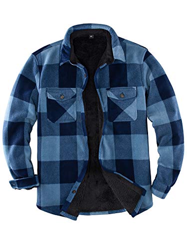 ZENTHACE Men's Warm Sherpa Lined Plaid Shirt Jacket - color: Blue, size: Small