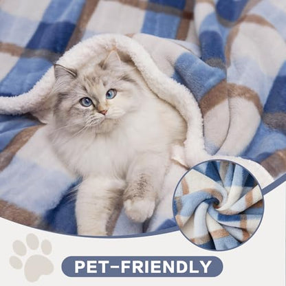 PU MEI Super Soft Faux Rabbit Fur Sherpa Fleece Throw Blanket, Reversible Luxury Cozy Cute Furry Blanket, Plush Warm Shaggy Fluffy Checkered Blankets for Sofa Couch Bed (Blue-Plaid, 60" x 80") - color: Blue-plaid, size: 60"*80"