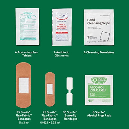 Curad Compact First Aid Kit with Over-The-Counter Medicine, Flex-Fabric and Butterfly Bandages, Antibiotic Ointment, Cleansing Towelettes, Alcohol Prep Pads, Acetaminophen, Carry Case, 80 Count