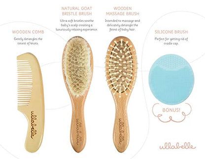 Ullabelle 4 Piece Wooden Baby Hair Brush and Comb Set for Newborns & Toddlers in Chic Gift Box - Ultra Soft Natural Goat Hair and Wood Baby Brush Set Prevents Cradle Cap - Perfect Registry Gift (Blue) - color: Blue