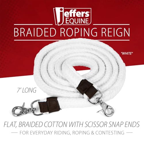 Jeffers Equine Flat Braid Cotton Roping Rein – 7 Feet, 1 in Wide Western Horse Rein with Leather Loops & Scissor Snap Ends – Durable Tack for Barrel Racing, Training, Ranch & Trail Riding