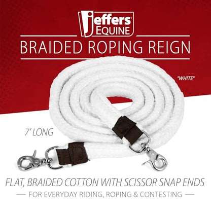 Jeffers Equine Flat Braid Cotton Roping Rein – 7 Feet, 1 in Wide Western Horse Rein with Leather Loops & Scissor Snap Ends – Durable Tack for Barrel Racing, Training, Ranch & Trail Riding