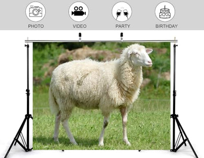 7x5ft Fabric Fluffy Wool Sheep Backdrop White Curly Coat Lush Bright Green Grass Blurred Wild Bush Pasture Background Tapestry Party Farm Birthday Wall Decorations Photo Booth Props - size: 7x5ft