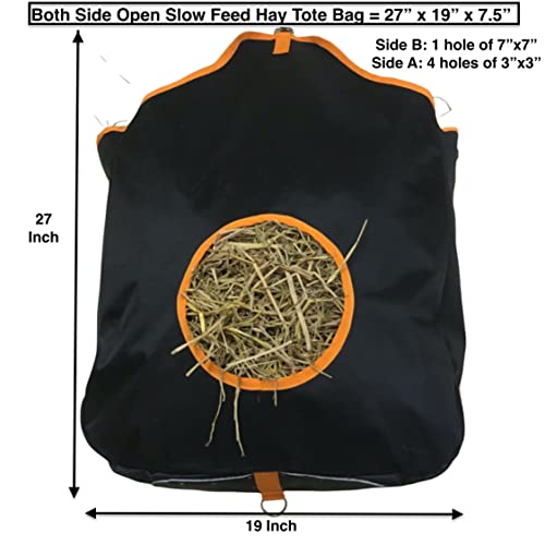 Majestic Ally Nylon Hay Feeder Tote Bag for Horse, Goat, Sheep - Double Sides Open Feed Hole with Faux Leather Ventilated Bottom- Premium Quality -Simulates Grazing - Reduces Waste (Black) - color: Black