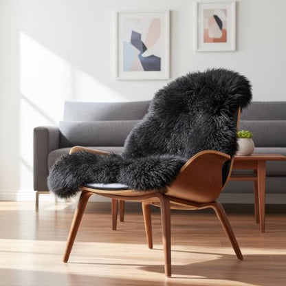 Super Area Rugs Black Sheepskin Rug Genuine Single 2x3ft Pelt Fluffy Fur Seat Cushion and Chair Cover - color: Dark Black, size: 2' x 3' (Natural)