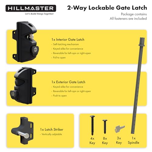 Key Lockable 2 Way Gate Latch,Key Operates on Both Sides of Gate,2 Sided Gate Fence Lock for Outdoor Gates,Locking Gate Door Lock Fence Latch Gate Hardware for Metal,Wood,Vinyl Fence,Black Finish