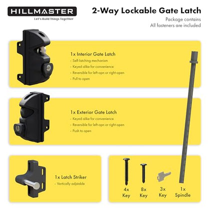 Key Lockable 2 Way Gate Latch,Key Operates on Both Sides of Gate,2 Sided Gate Fence Lock for Outdoor Gates,Locking Gate Door Lock Fence Latch Gate Hardware for Metal,Wood,Vinyl Fence,Black Finish