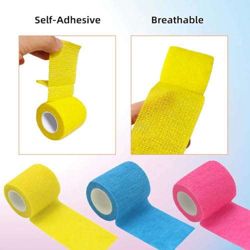 12 Rolls Self Adhesive Bandage Wrap, Breathable Cohesive Bandage Tape, Vet Wrap for Dogs Cats Horses, Non-Woven Self Stick Bandages for Wrist, Ankle, Finger, Sprain & Swelling