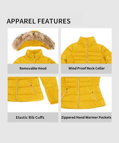 BodiLove Women's Fur Hooded Thickened Jacket with Fleece Lining - color: Sunflower, size: Medium