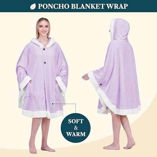 PAVILIA Hooded Blanket Poncho for Women, Fleece Wearable Shawl Wrap, Purple | Fleece Shawl Wrap with Hood, Adult Wearable Blanket, Cozy Warm Poncho Cape Throw with Pockets, Gift for Elderly Mom - color: Purple