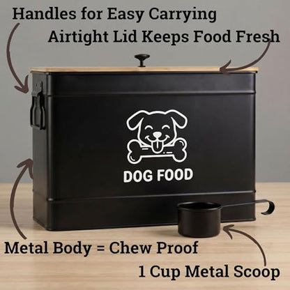 Metal Dog Food Container 15-20 lbs w/ Airtight Bamboo Lid, 70 Cup Capacity - color: Black